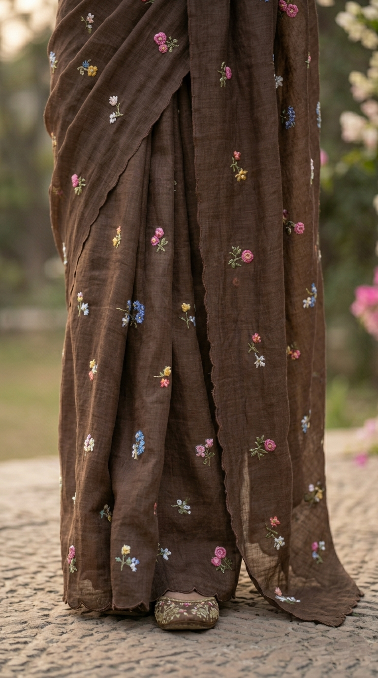 Coffee Brown Natural Linen Saree with Delicate Floral Hand Embroidered Work