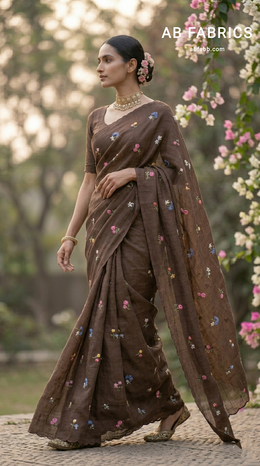 Coffee Brown Natural Linen Saree with Delicate Floral Hand Embroidered Work