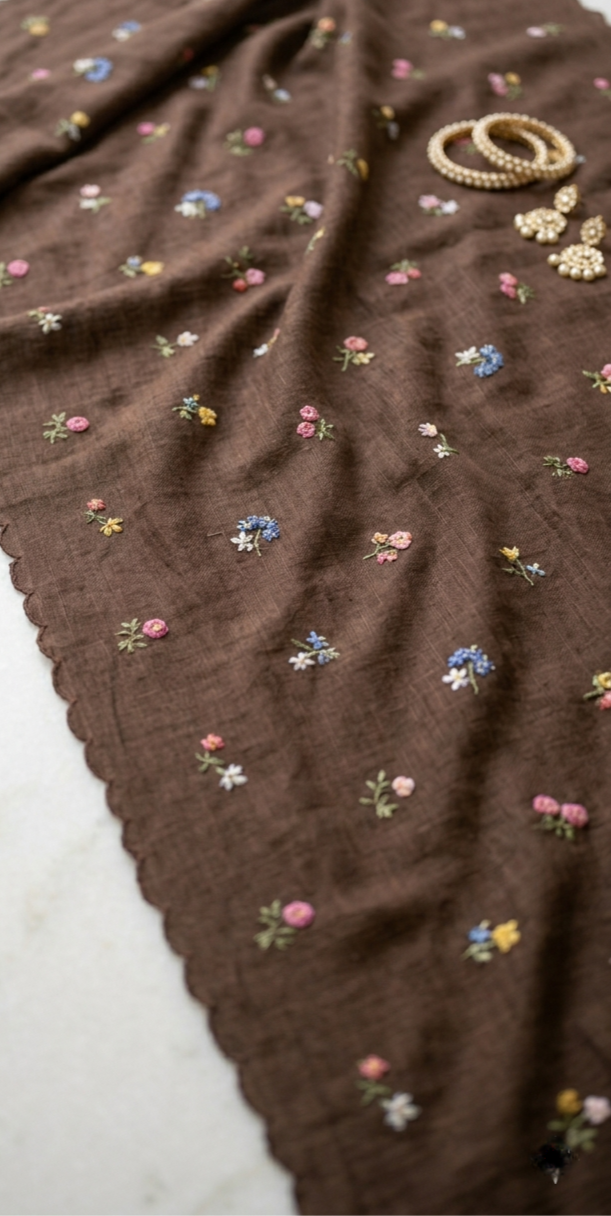 Coffee Brown Natural Linen Saree with Delicate Floral Hand Embroidered Work