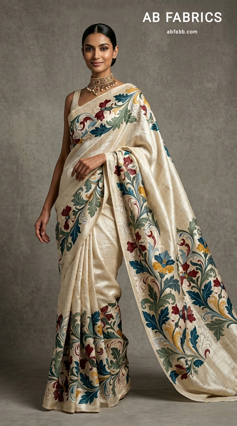Ivory Hand-Painted Tussar Silk Saree with Beautiful Kalamkari painted