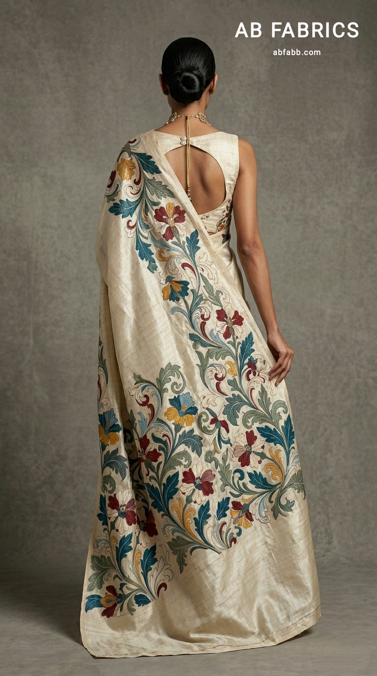 Ivory Hand-Painted Tussar Silk Saree with Beautiful Kalamkari painted