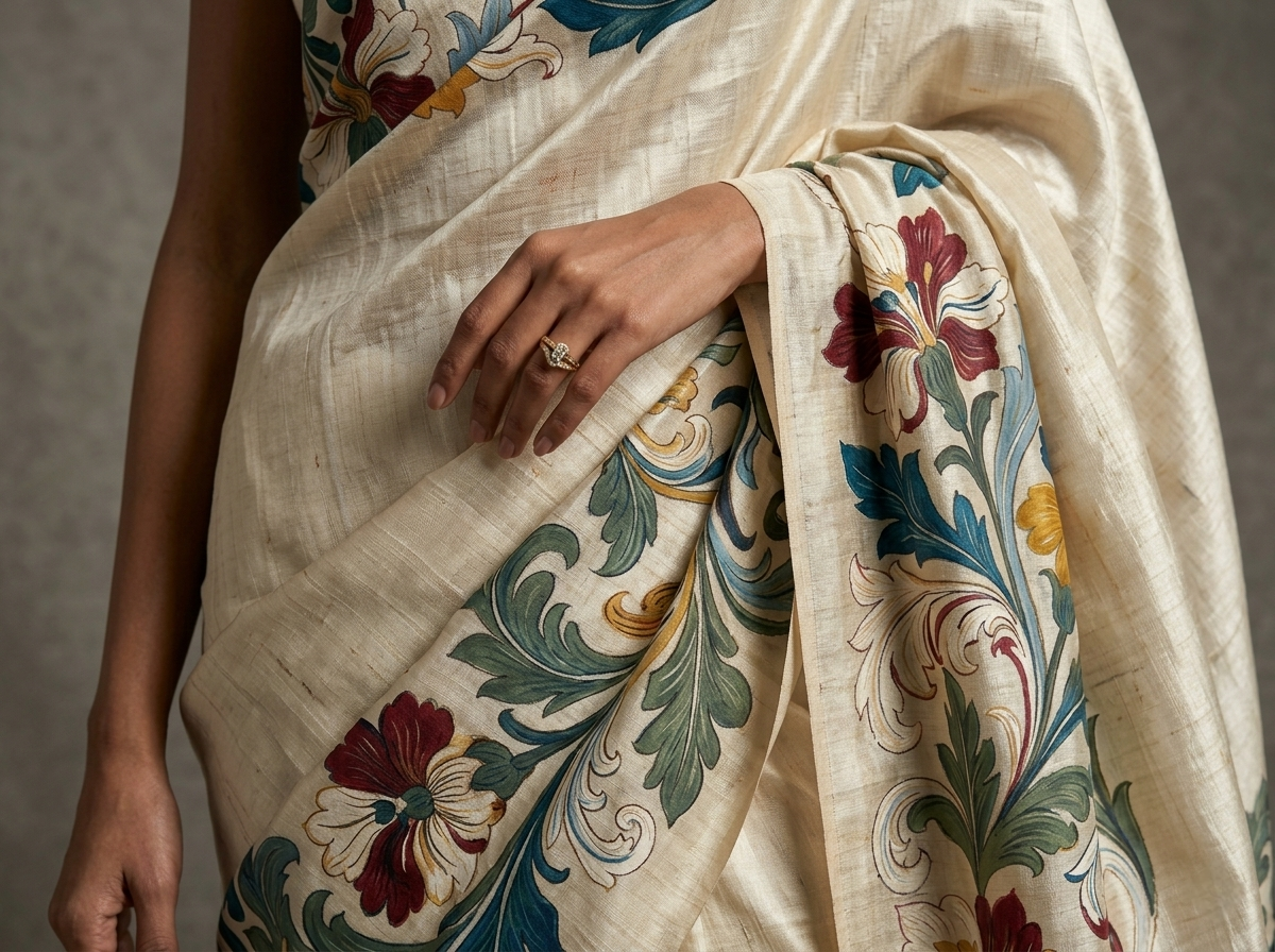 Ivory Hand-Painted Tussar Silk Saree with Beautiful Kalamkari painted
