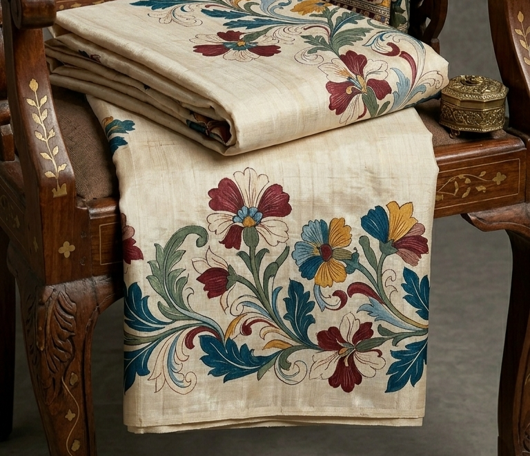 Ivory Hand-Painted Tussar Silk Saree with Beautiful Kalamkari painted