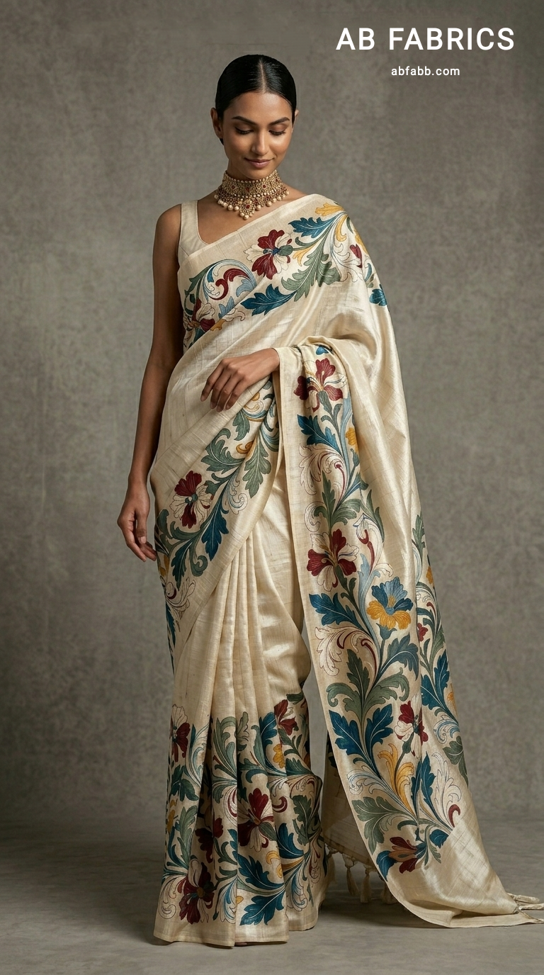Ivory Hand-Painted Tussar Silk Saree with Beautiful Kalamkari painted