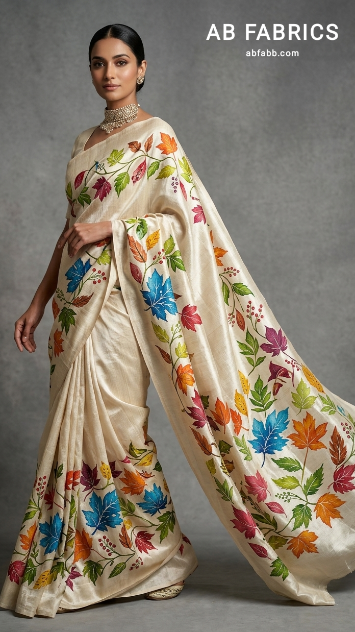 Ivory Pure Tussar Silk Saree With Beautiful Hand-Painted Multi-Color Autumn Foliage