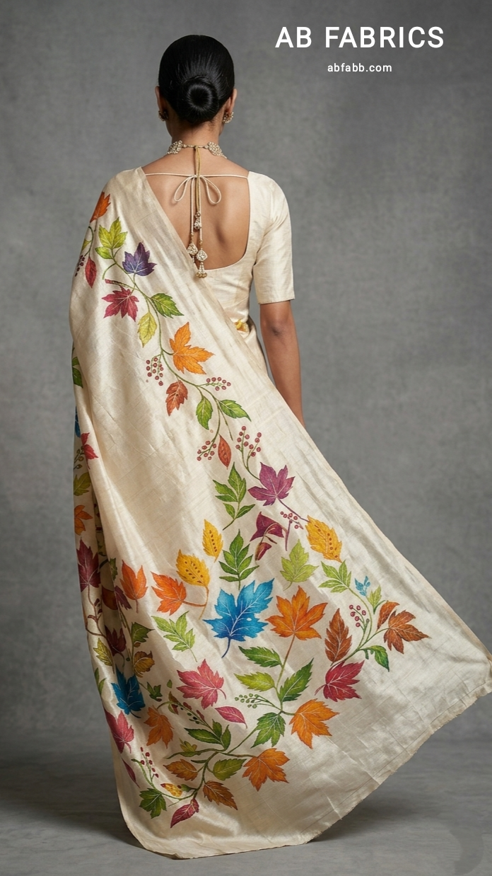 Ivory Pure Tussar Silk Saree With Beautiful Hand-Painted Multi-Color Autumn Foliage