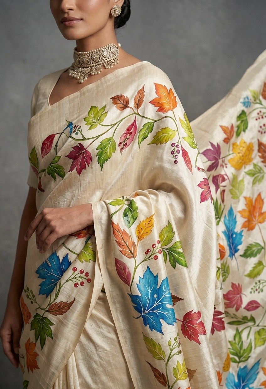 Ivory Pure Tussar Silk Saree With Beautiful Hand-Painted Multi-Color Autumn Foliage