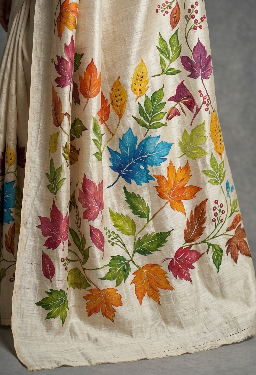 Ivory Pure Tussar Silk Saree With Beautiful Hand-Painted Multi-Color Autumn Foliage