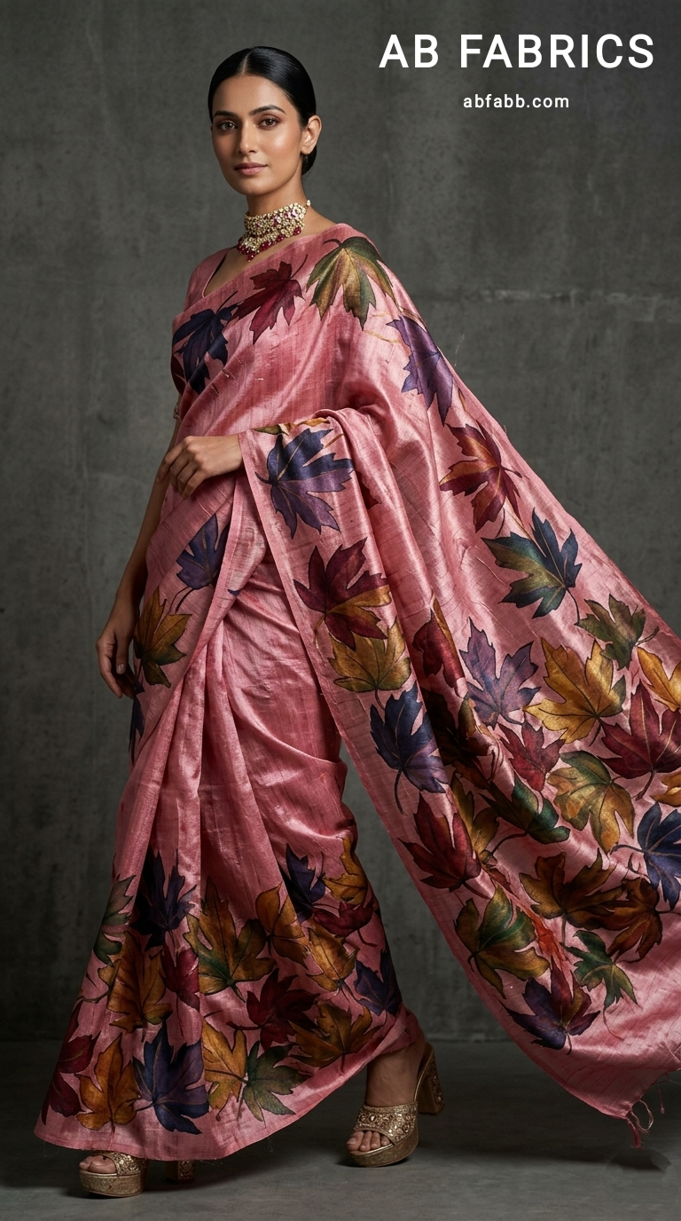 Rose Pink Hand-Painted Tussar Silk Saree with Autumn Chinar Leaves