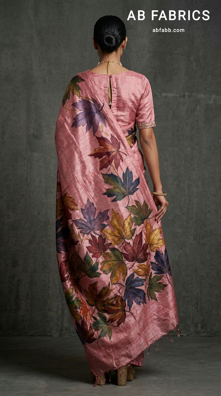 Rose Pink Hand-Painted Tussar Silk Saree with Autumn Chinar Leaves