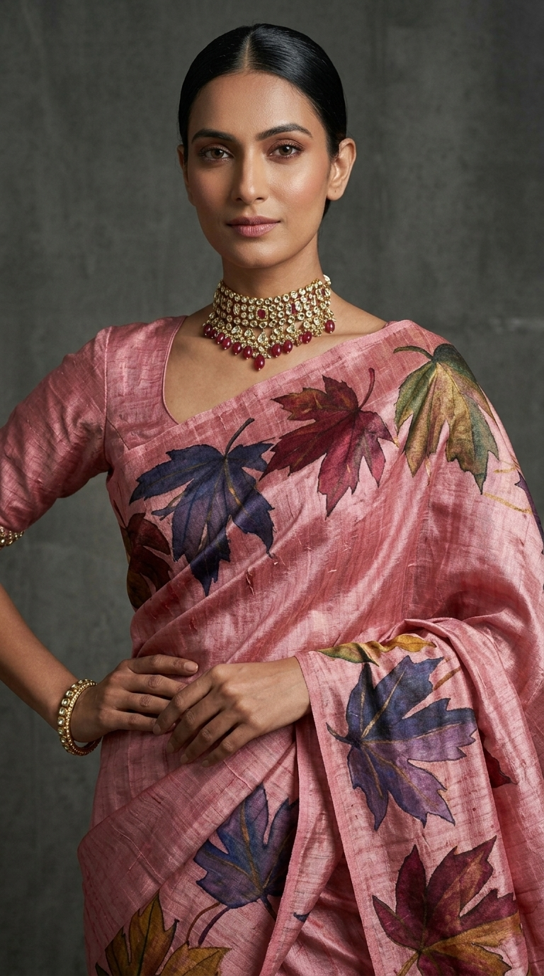 Rose Pink Hand-Painted Tussar Silk Saree with Autumn Chinar Leaves