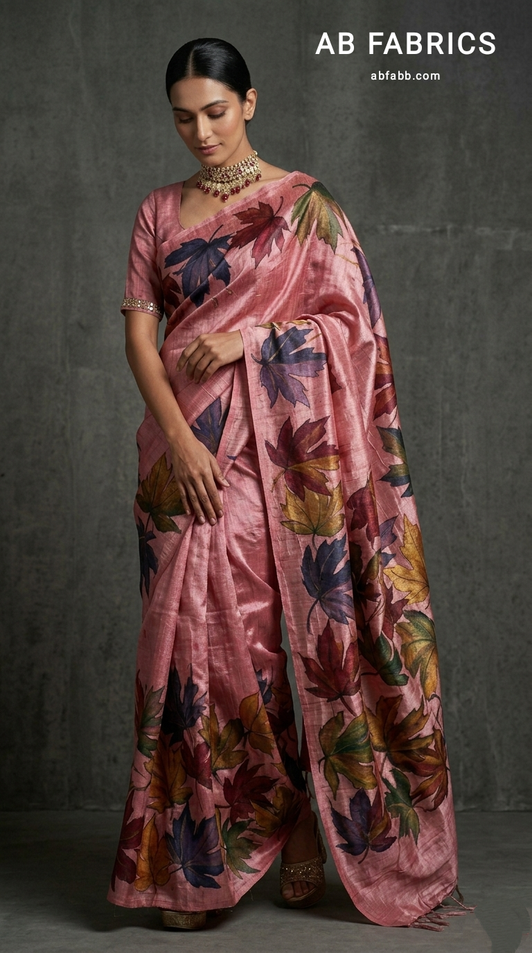 Rose Pink Hand-Painted Tussar Silk Saree with Autumn Chinar Leaves