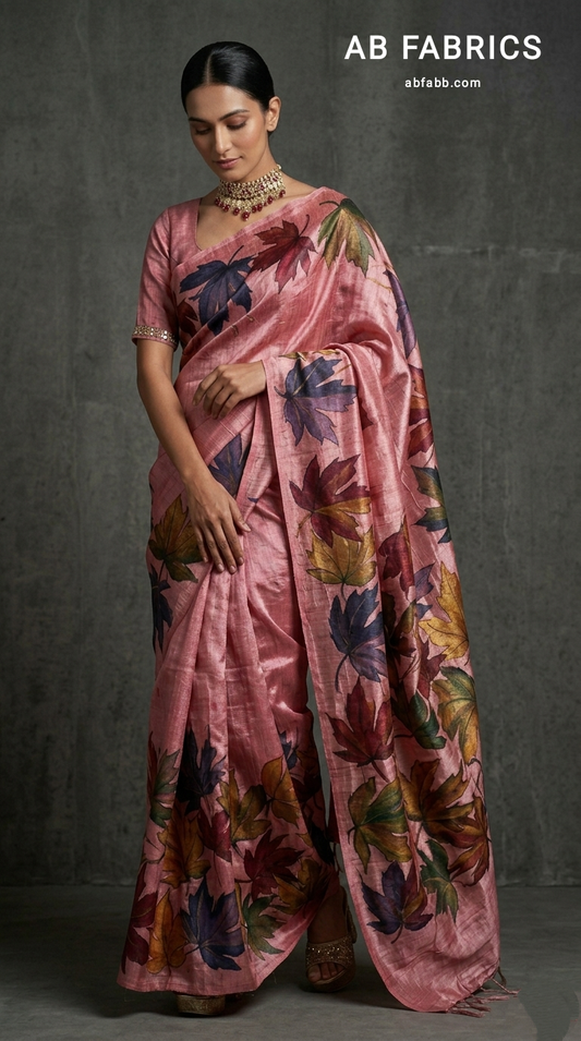 Rose Pink Hand-Painted Tussar Silk Saree with Autumn Chinar Leaves