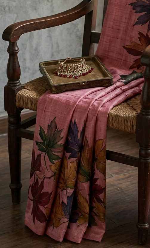 Rose Pink Hand-Painted Tussar Silk Saree with Autumn Chinar Leaves