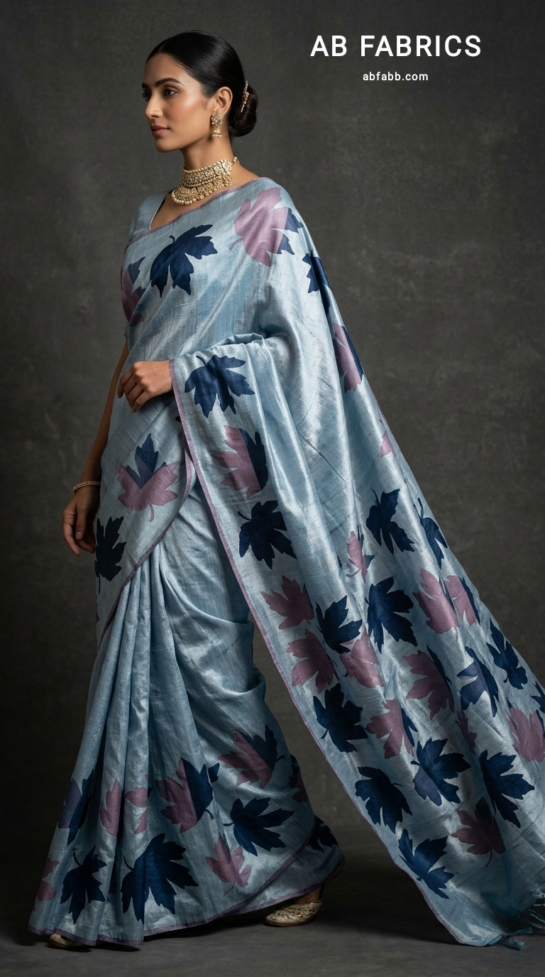 Powder Blue Hand-Painted Tussar Silk Saree with Autumn Chinar Leaves