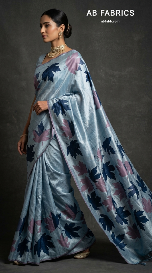 Powder Blue Hand-Painted Tussar Silk Saree with Autumn Chinar Leaves