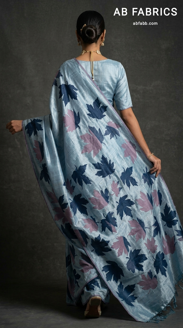 Powder Blue Hand-Painted Tussar Silk Saree with Autumn Chinar Leaves
