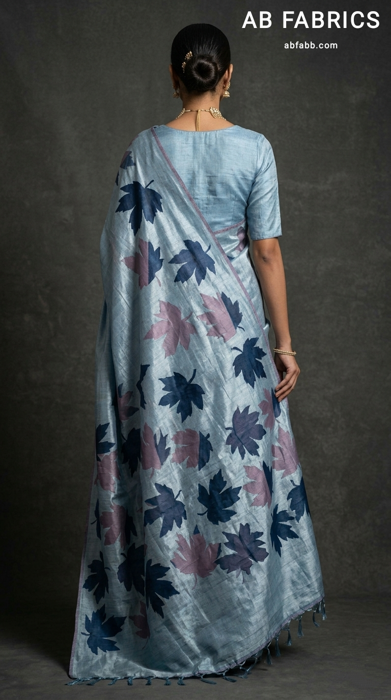 Powder Blue Hand-Painted Tussar Silk Saree with Autumn Chinar Leaves