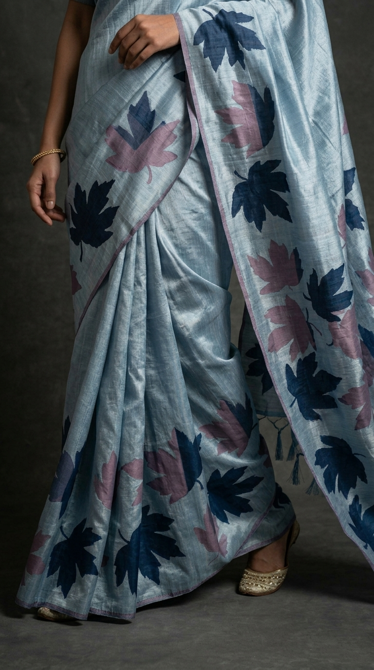 Powder Blue Hand-Painted Tussar Silk Saree with Autumn Chinar Leaves