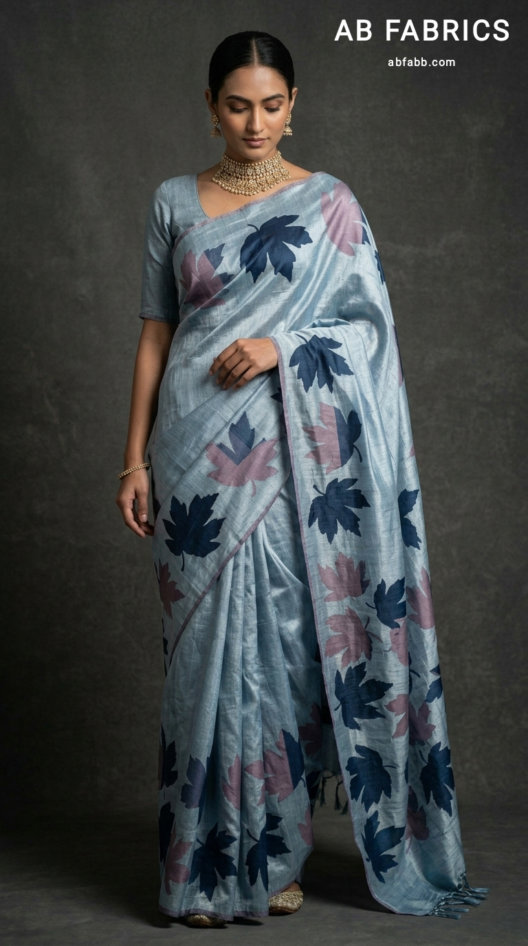 Powder Blue Hand-Painted Tussar Silk Saree with Autumn Chinar Leaves
