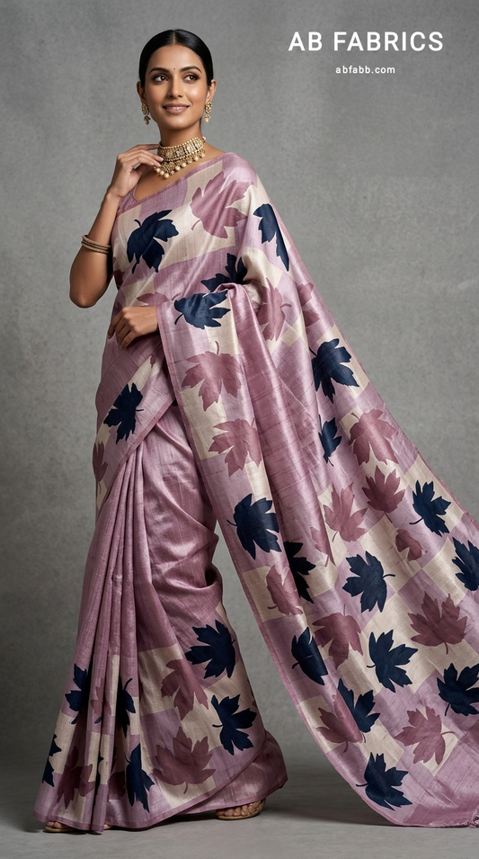 Mauve Pink Hand-Painted Tussar Silk Saree with Autumn Chinar Leaves