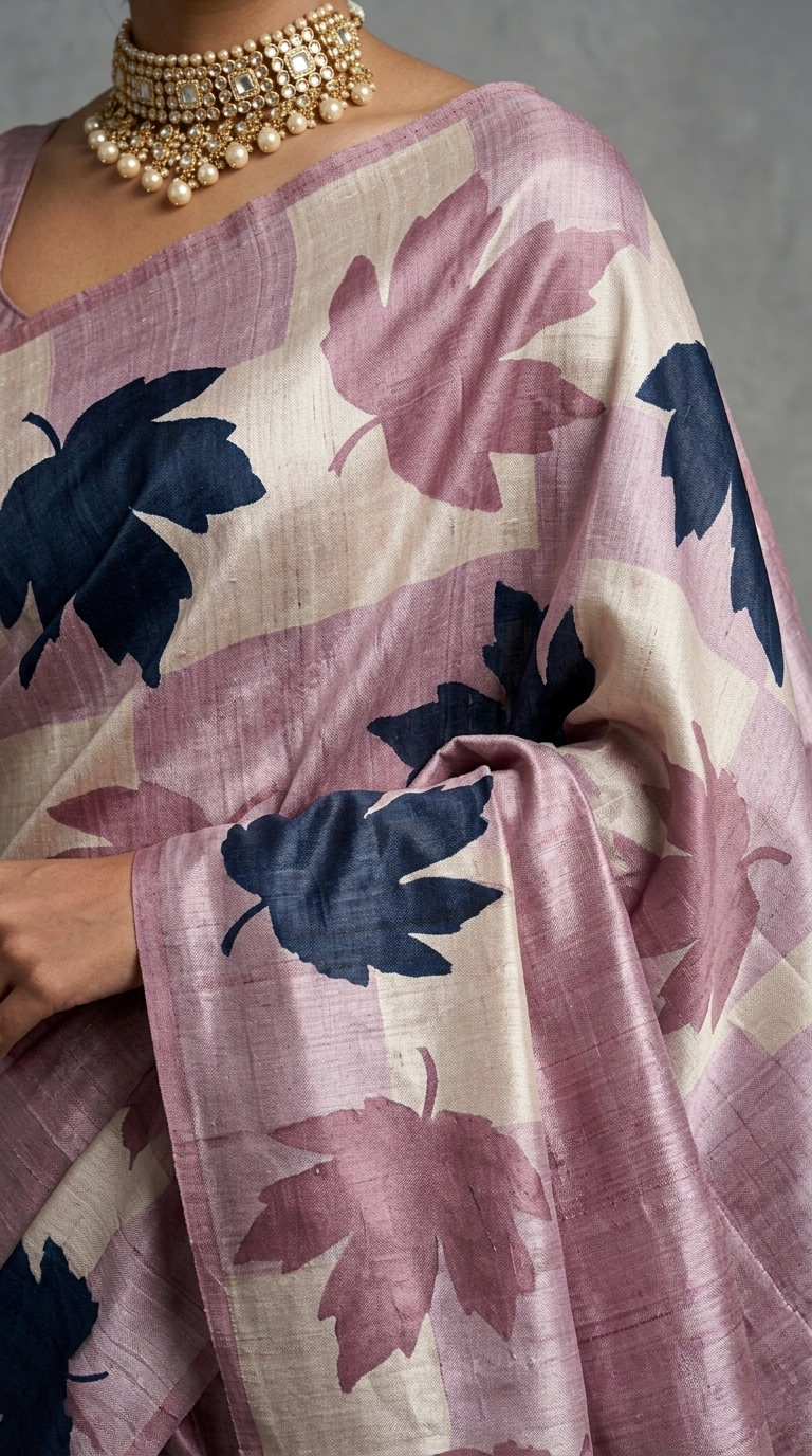 Mauve Pink Hand-Painted Tussar Silk Saree with Autumn Chinar Leaves