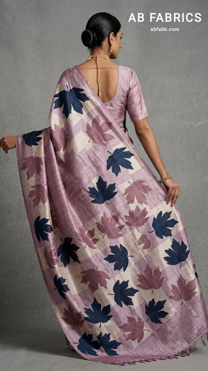 Mauve Pink Hand-Painted Tussar Silk Saree with Autumn Chinar Leaves