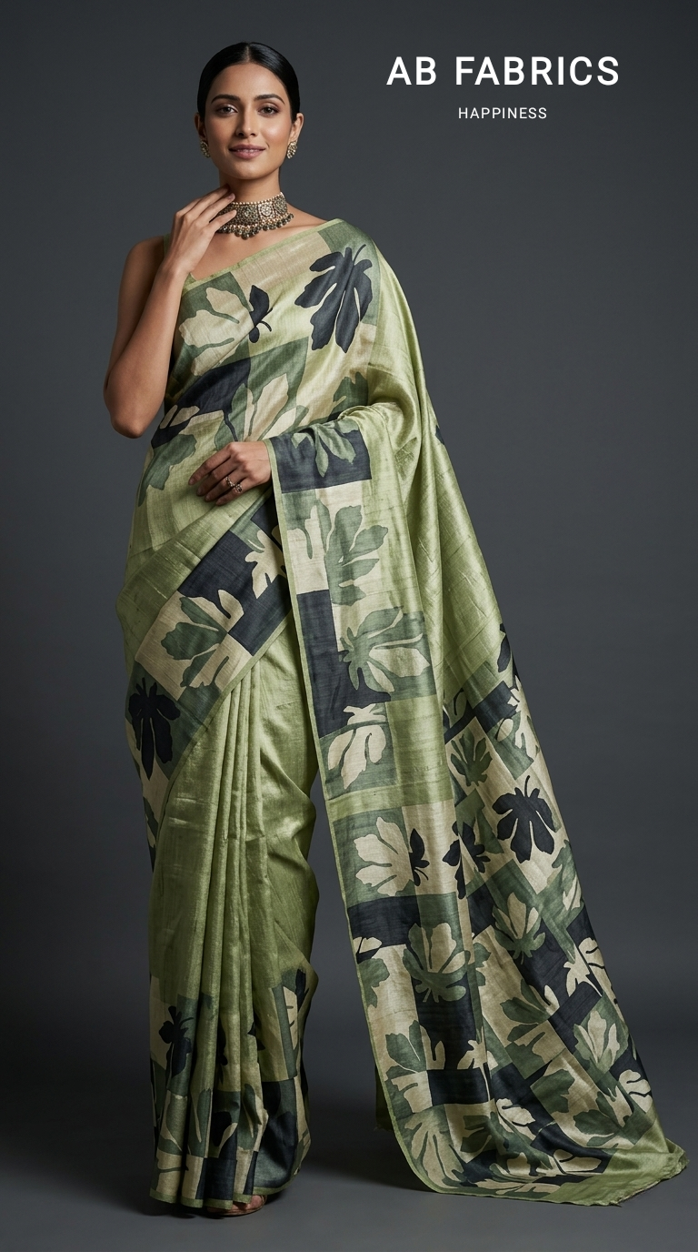 Sage Green Hand-Painted Pure Tussar Silk Saree with Autumn Chinar Leaves