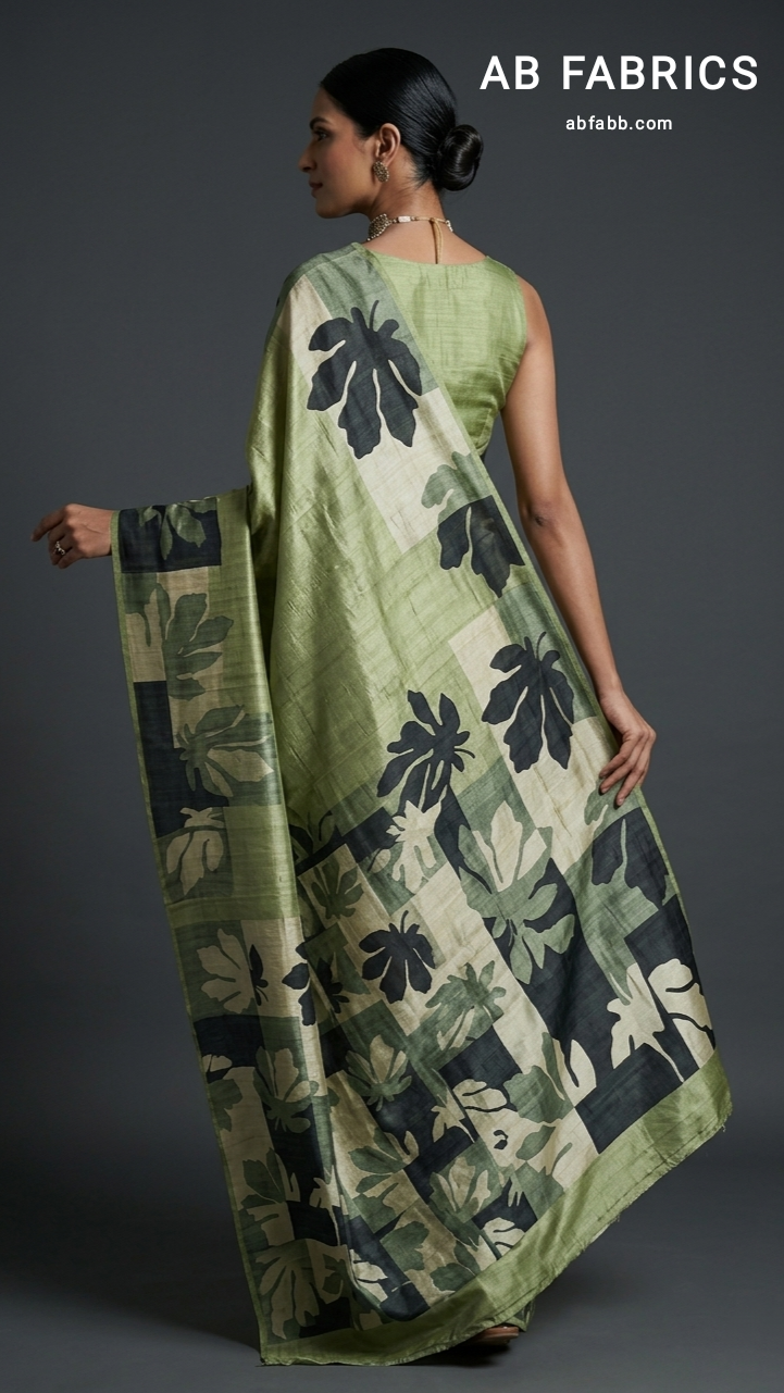 Sage Green Hand-Painted Pure Tussar Silk Saree with Autumn Chinar Leaves