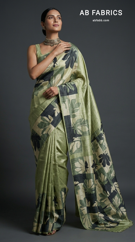 Sage Green Hand-Painted Pure Tussar Silk Saree with Autumn Chinar Leaves