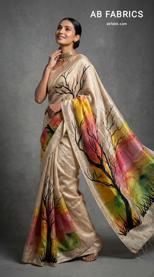 Autumn Silhouette Hand-Painted Pure Tussar Silk Saree