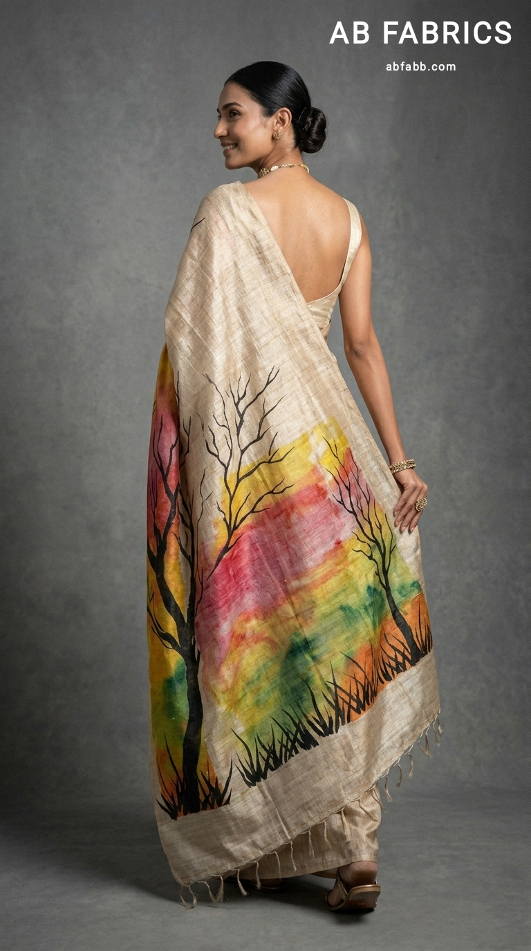 Autumn Silhouette Hand-Painted Pure Tussar Silk Saree
