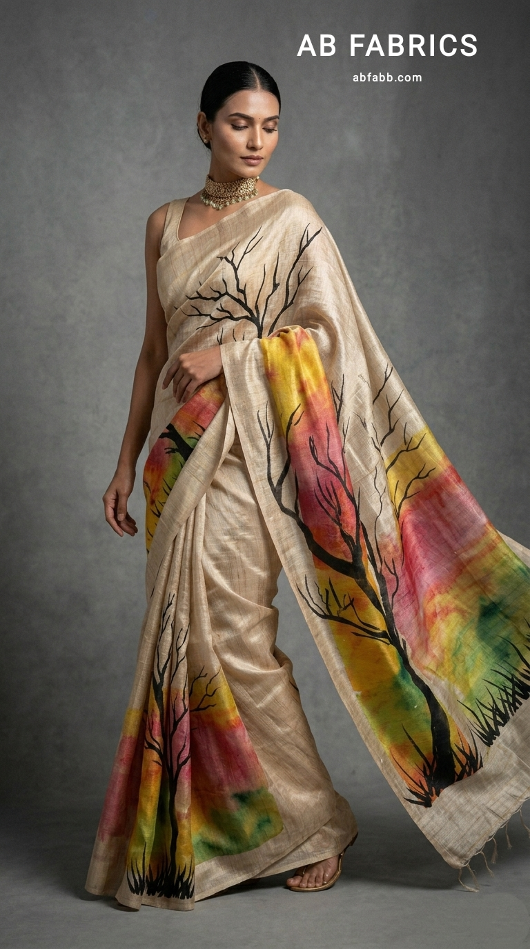 Autumn Silhouette Hand-Painted Pure Tussar Silk Saree