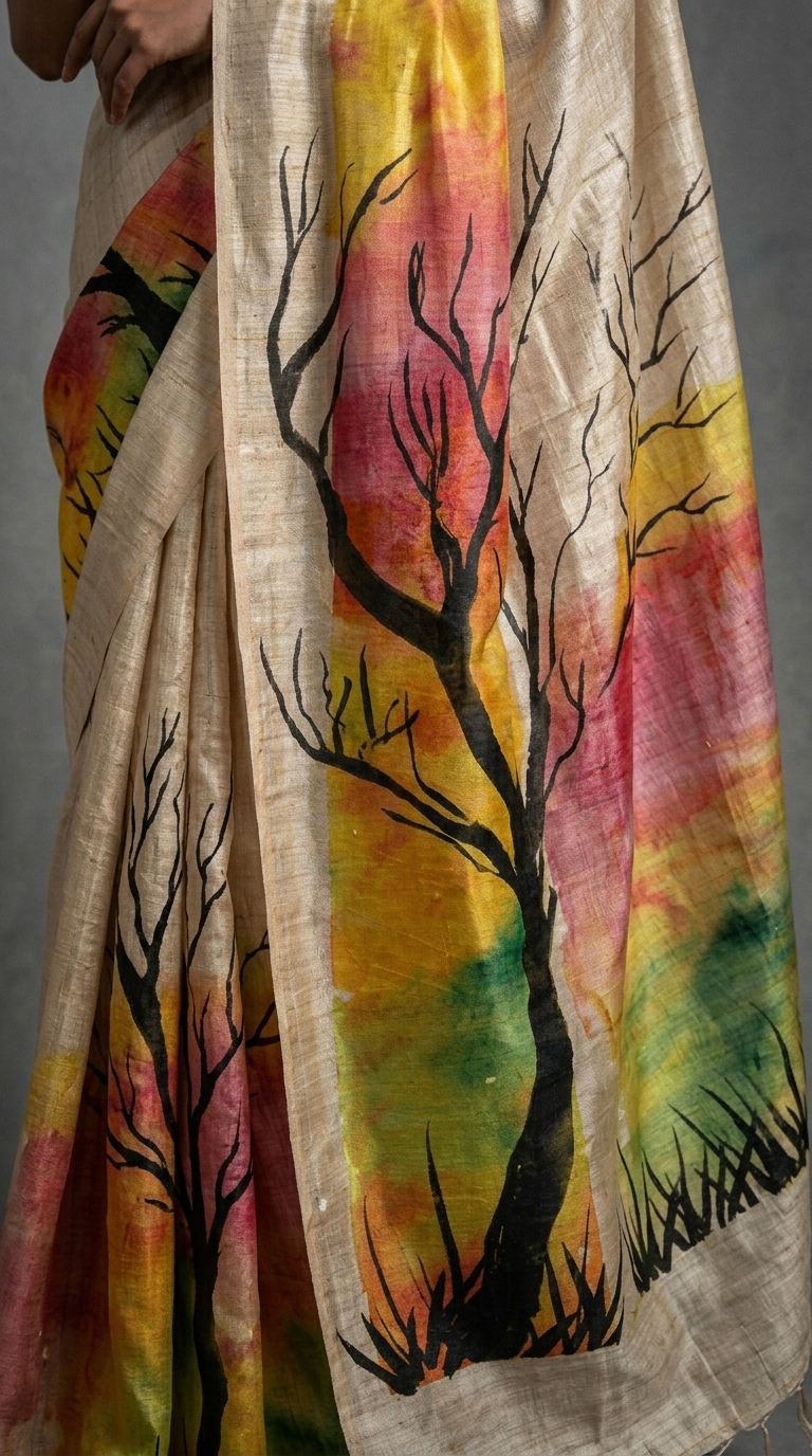 Autumn Silhouette Hand-Painted Pure Tussar Silk Saree