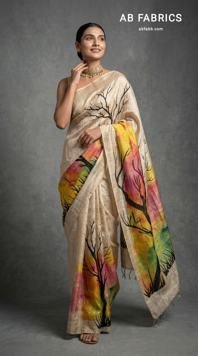 Autumn Silhouette Hand-Painted Pure Tussar Silk Saree