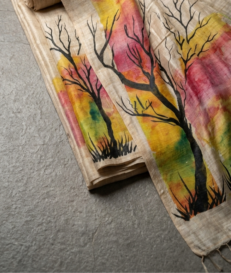 Autumn Silhouette Hand-Painted Pure Tussar Silk Saree