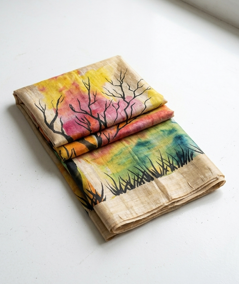 Autumn Silhouette Hand-Painted Pure Tussar Silk Saree