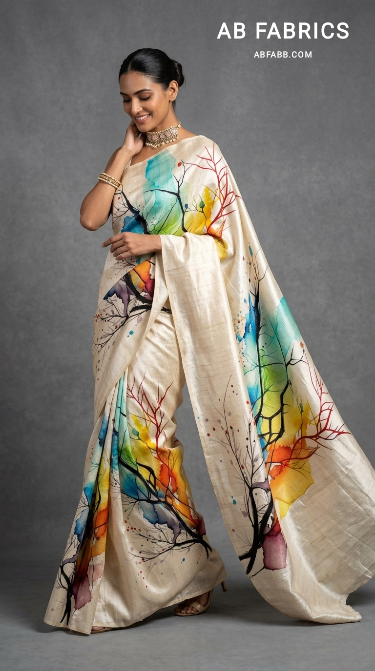 Rainbow Forest Hand-Painted Pure Tussar Silk Saree