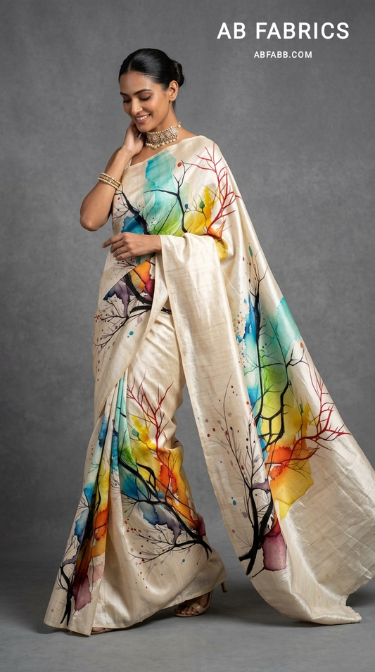 Rainbow Forest Hand-Painted Pure Tussar Silk Saree