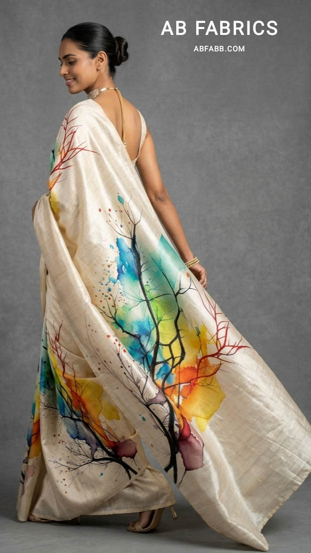 Rainbow Forest Hand-Painted Pure Tussar Silk Saree