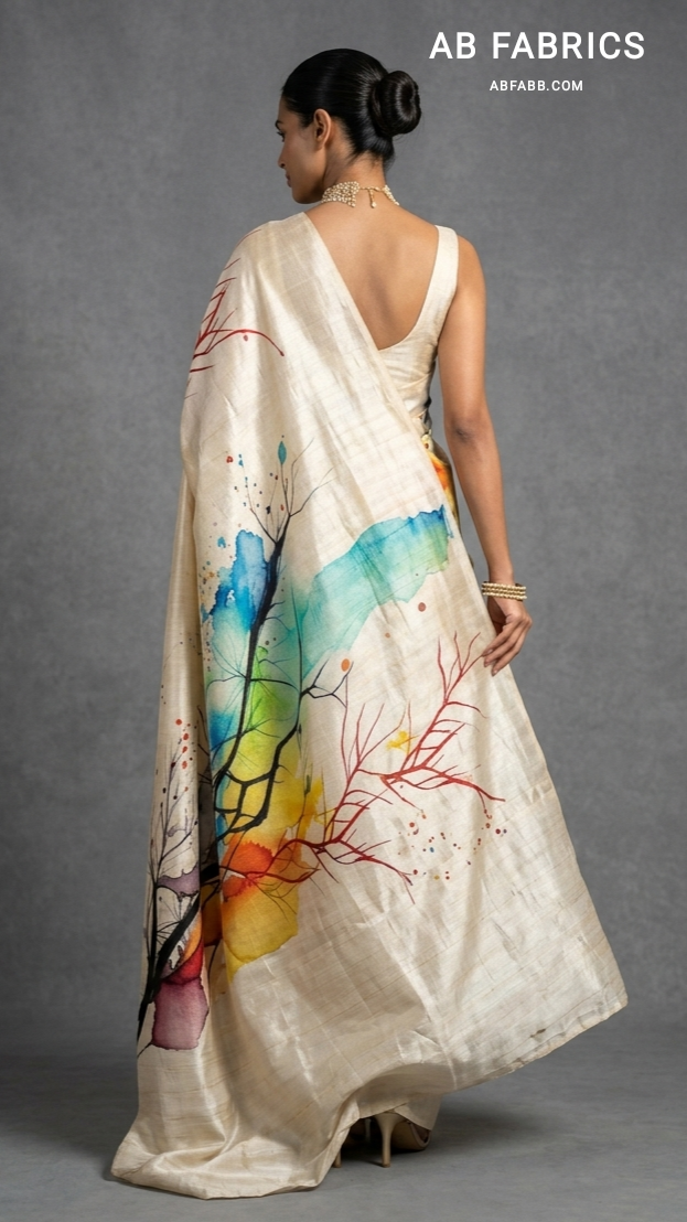 Rainbow Forest Hand-Painted Pure Tussar Silk Saree