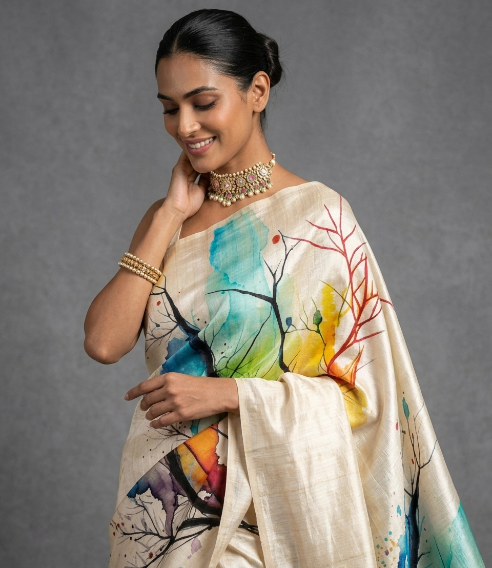 Rainbow Forest Hand-Painted Pure Tussar Silk Saree