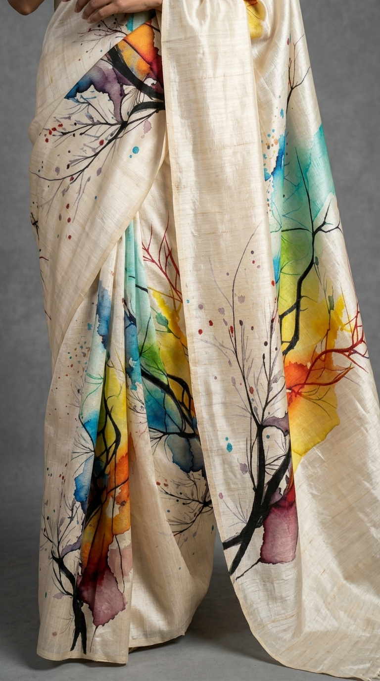 Rainbow Forest Hand-Painted Pure Tussar Silk Saree