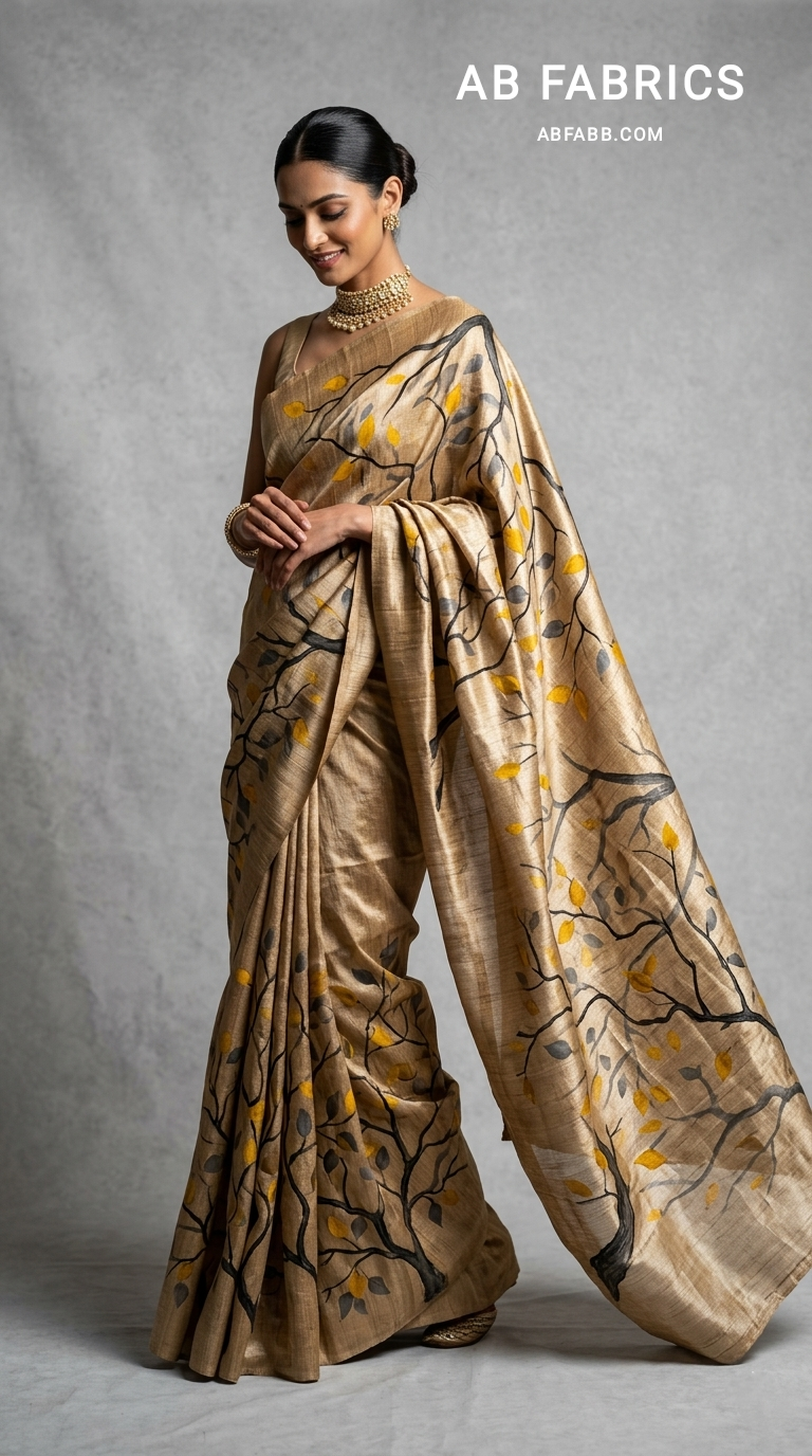 Golden Autumn Vines Hand-Painted Pure Tussar Silk Saree