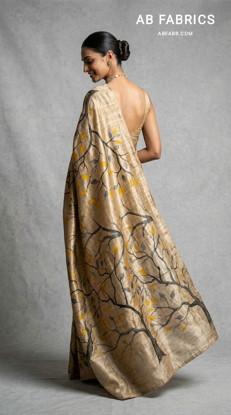 Golden Autumn Vines Hand-Painted Pure Tussar Silk Saree