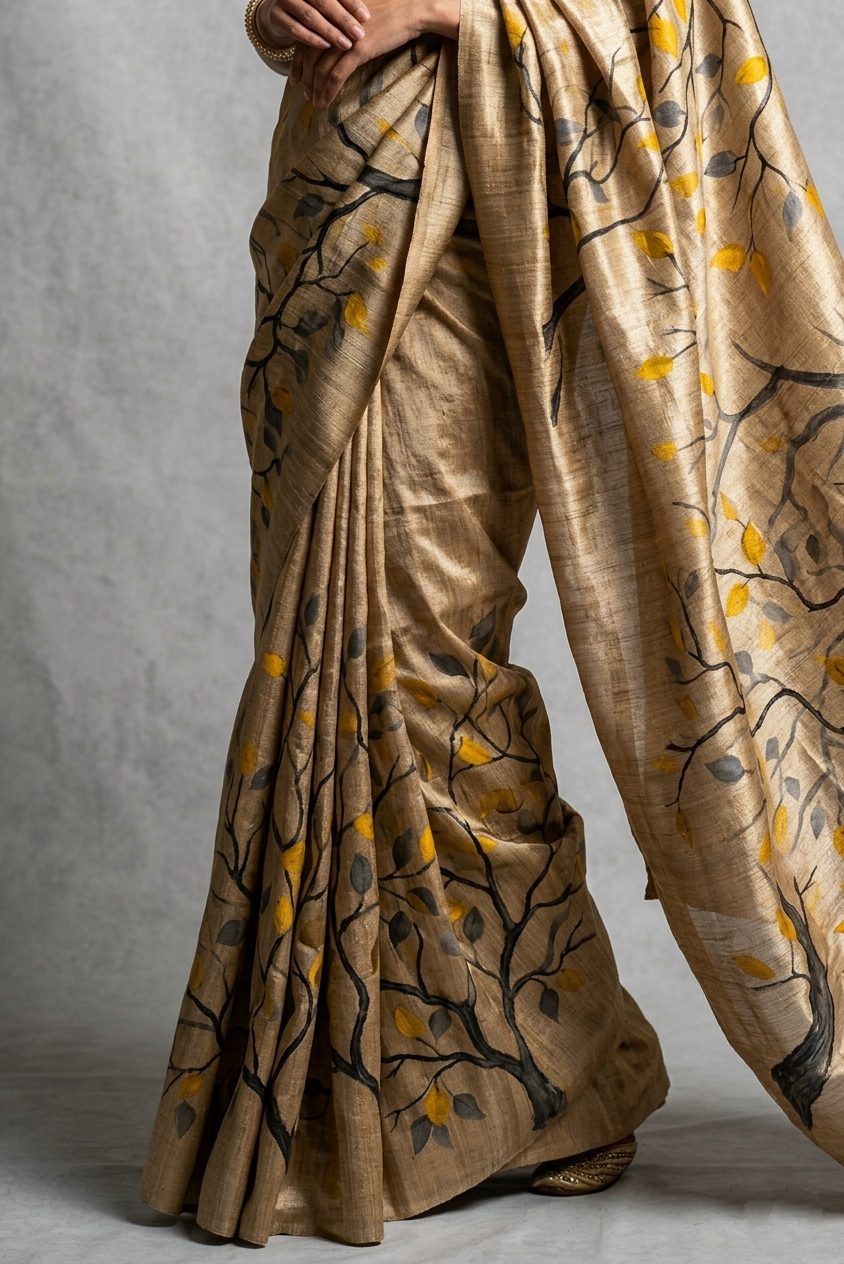Golden Autumn Vines Hand-Painted Pure Tussar Silk Saree
