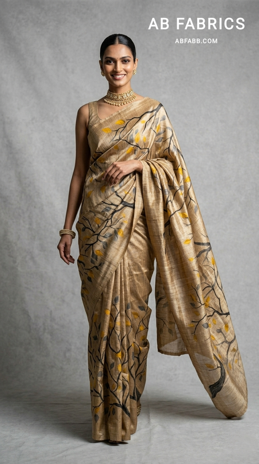 Golden Autumn Vines Hand-Painted Pure Tussar Silk Saree
