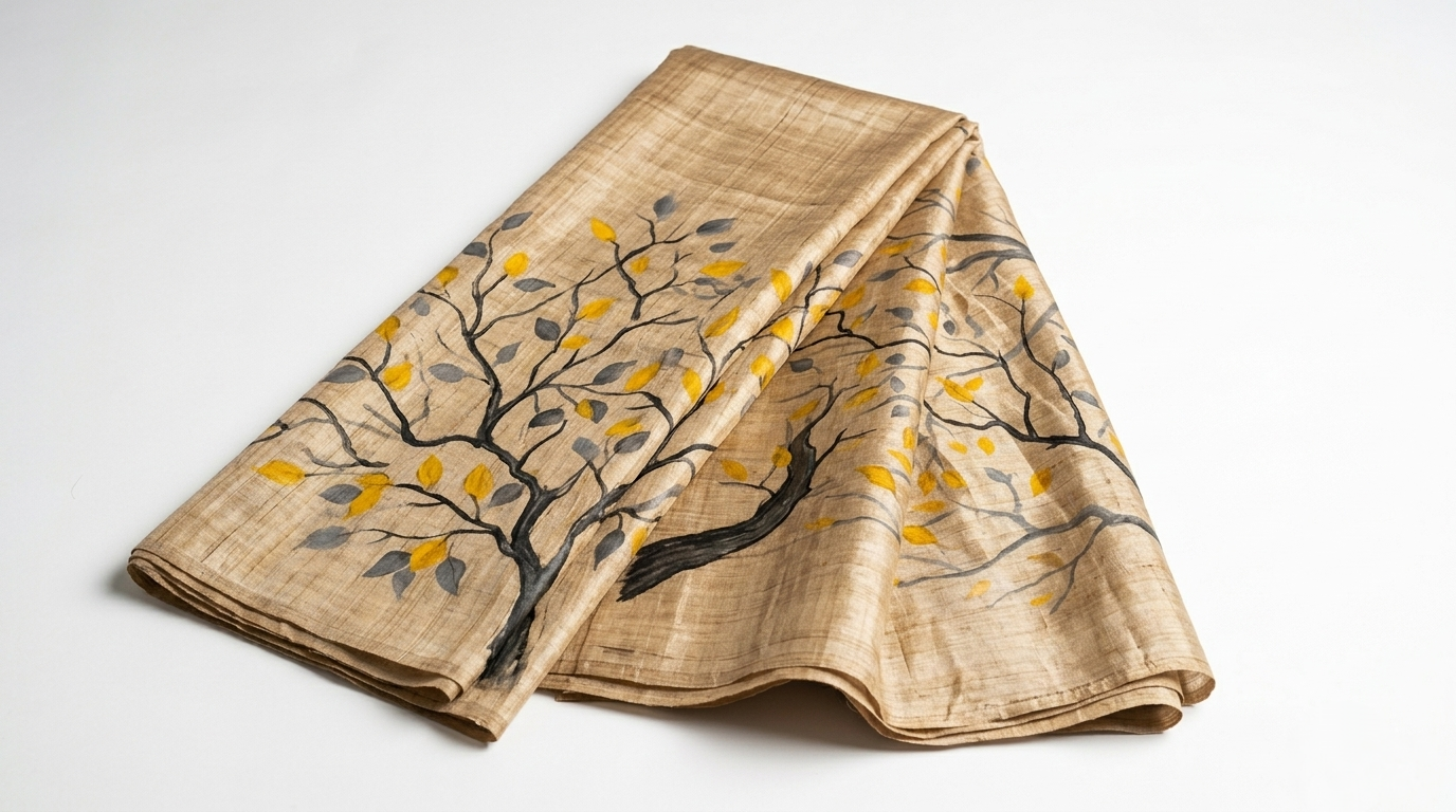 Golden Autumn Vines Hand-Painted Pure Tussar Silk Saree