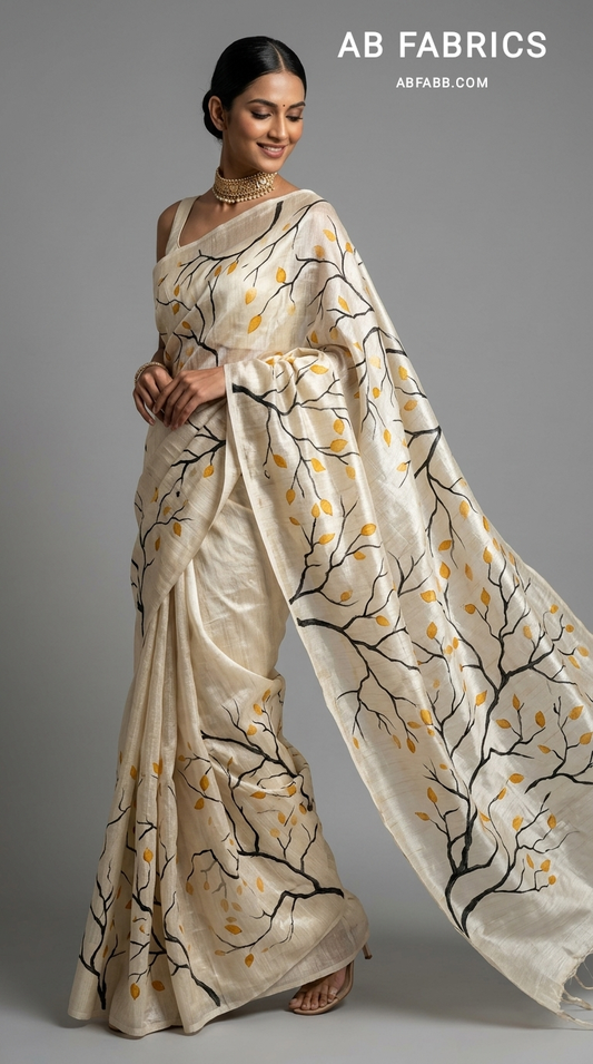 Enchanted Branches Hand-Painted Pure Tussar Silk Saree