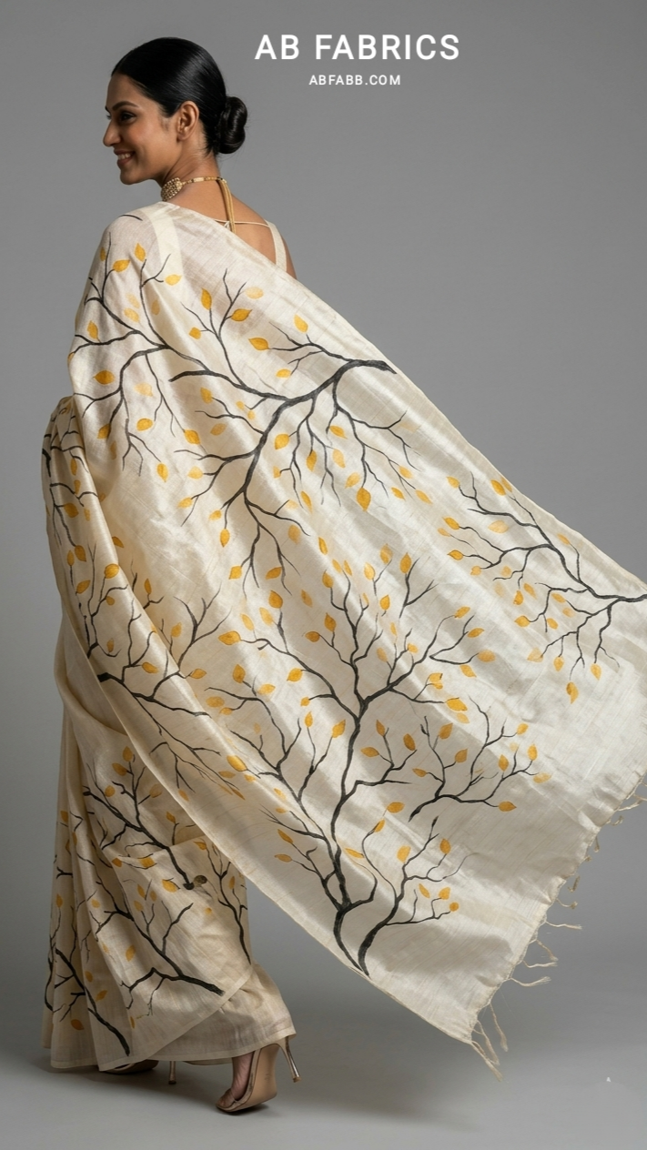 Enchanted Branches Hand-Painted Pure Tussar Silk Saree